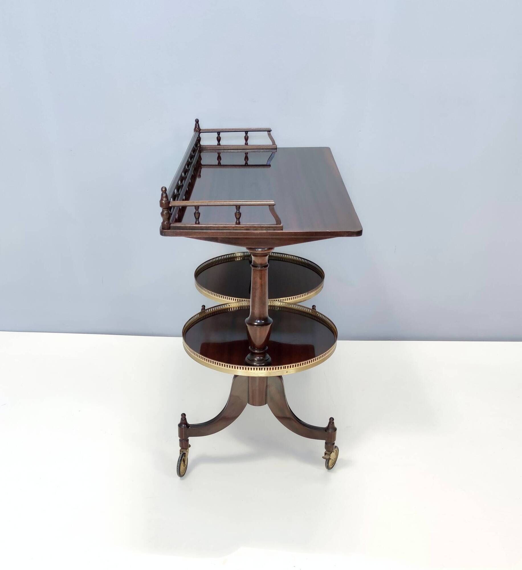 Walnut Serving Cart or Console Table with Two Sliding Shelves, Italy