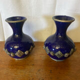 Pair of antique cobalt blue ceramic vases + vintage metal decor