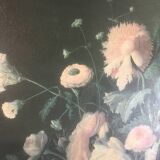 Bouquet of flowers and fruits on table, composition on canvas 100x120