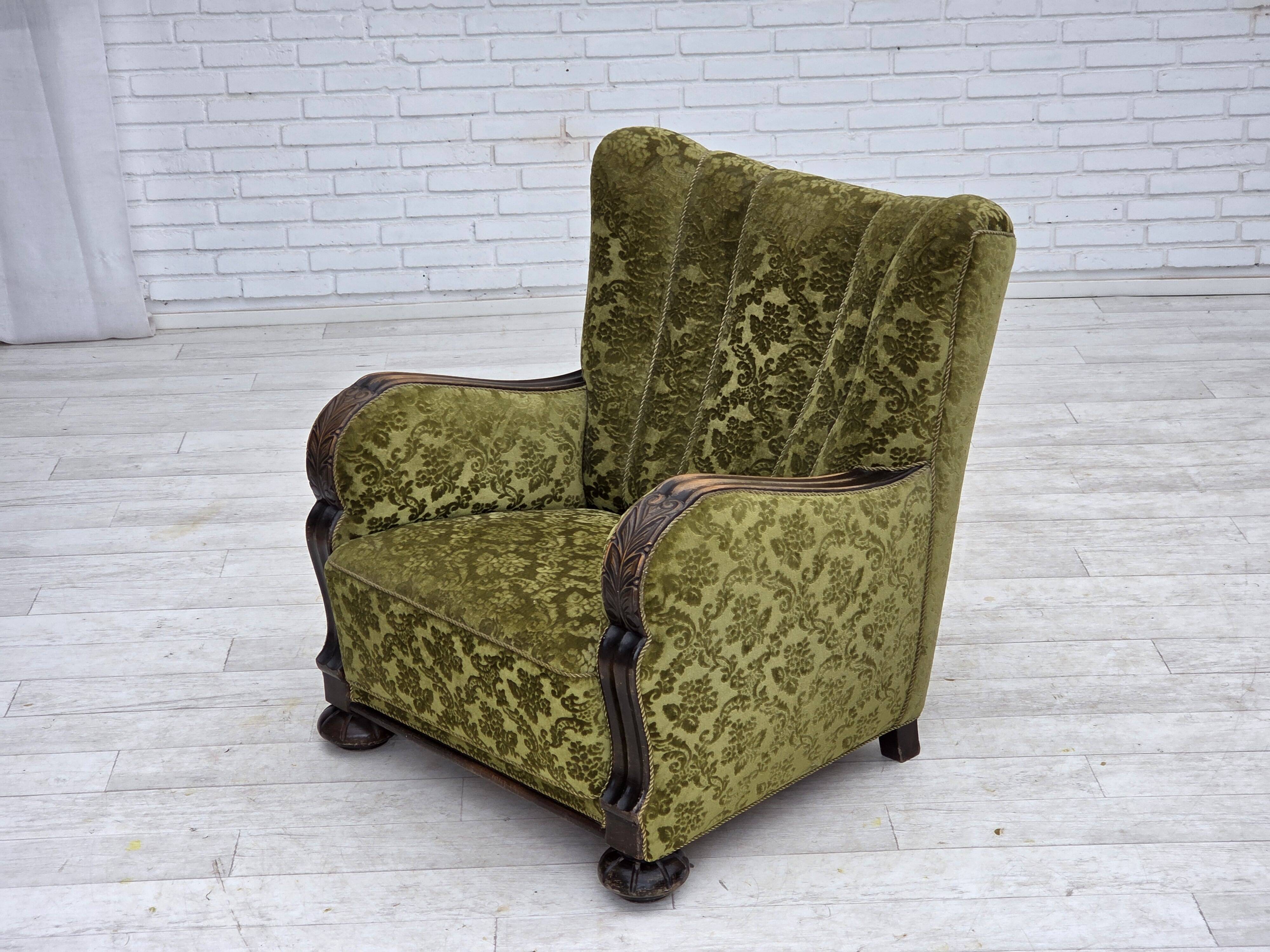 1950s, Danish relax chair. Furniture velour, oak wood,