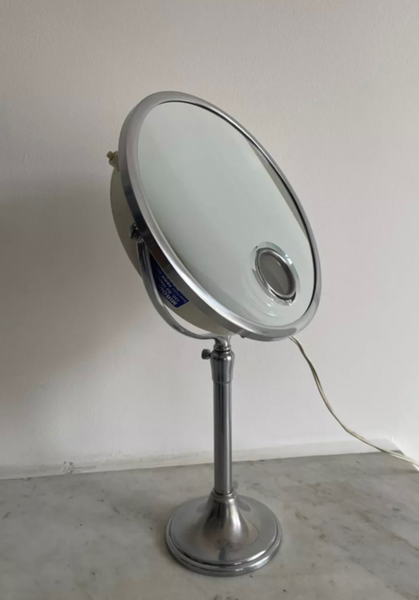 Vintage chrome Brot mirror, magnifying and illuminating, on adjustable stand, France 1960