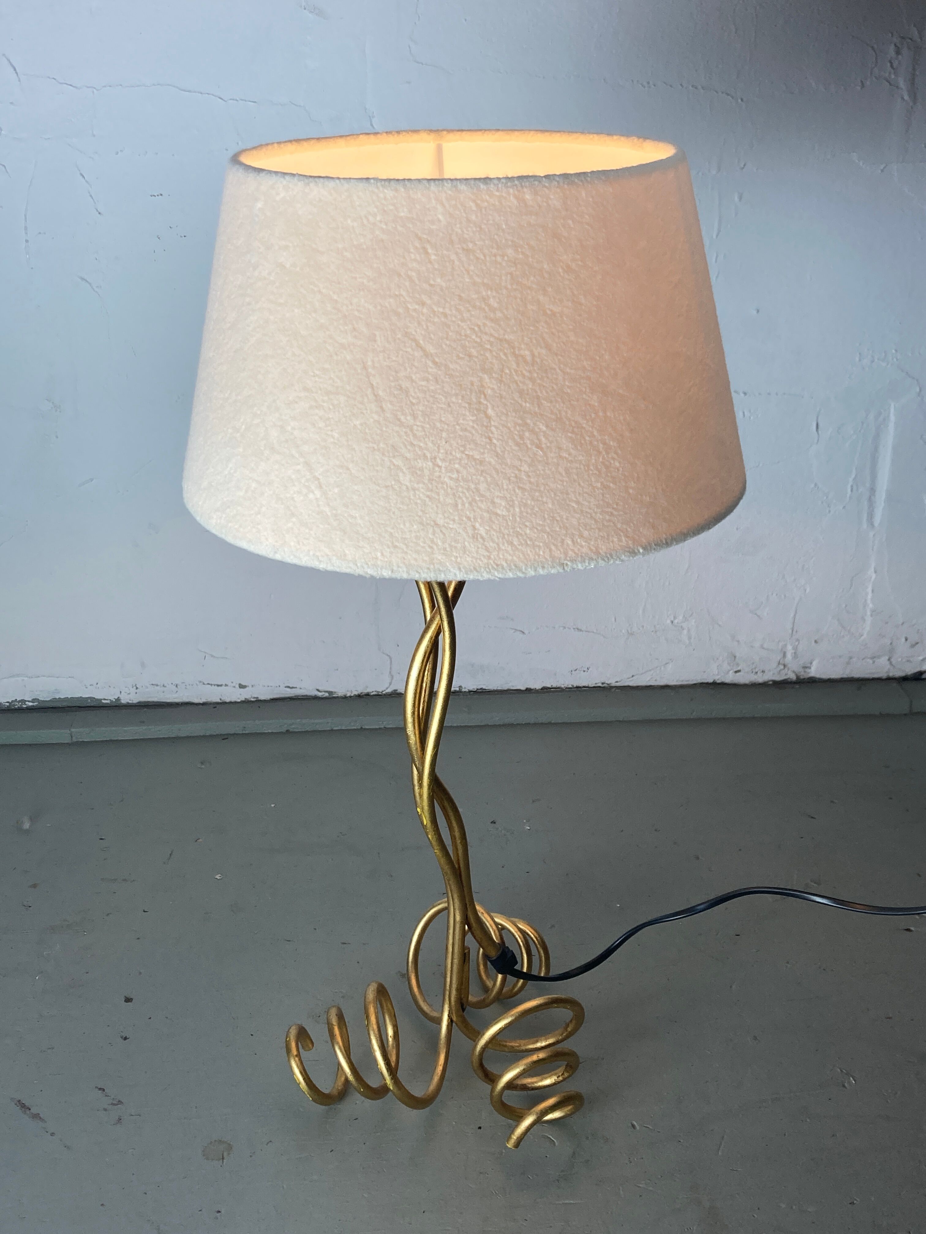 Vintage curly wavy free form label lamp, bouclé shade