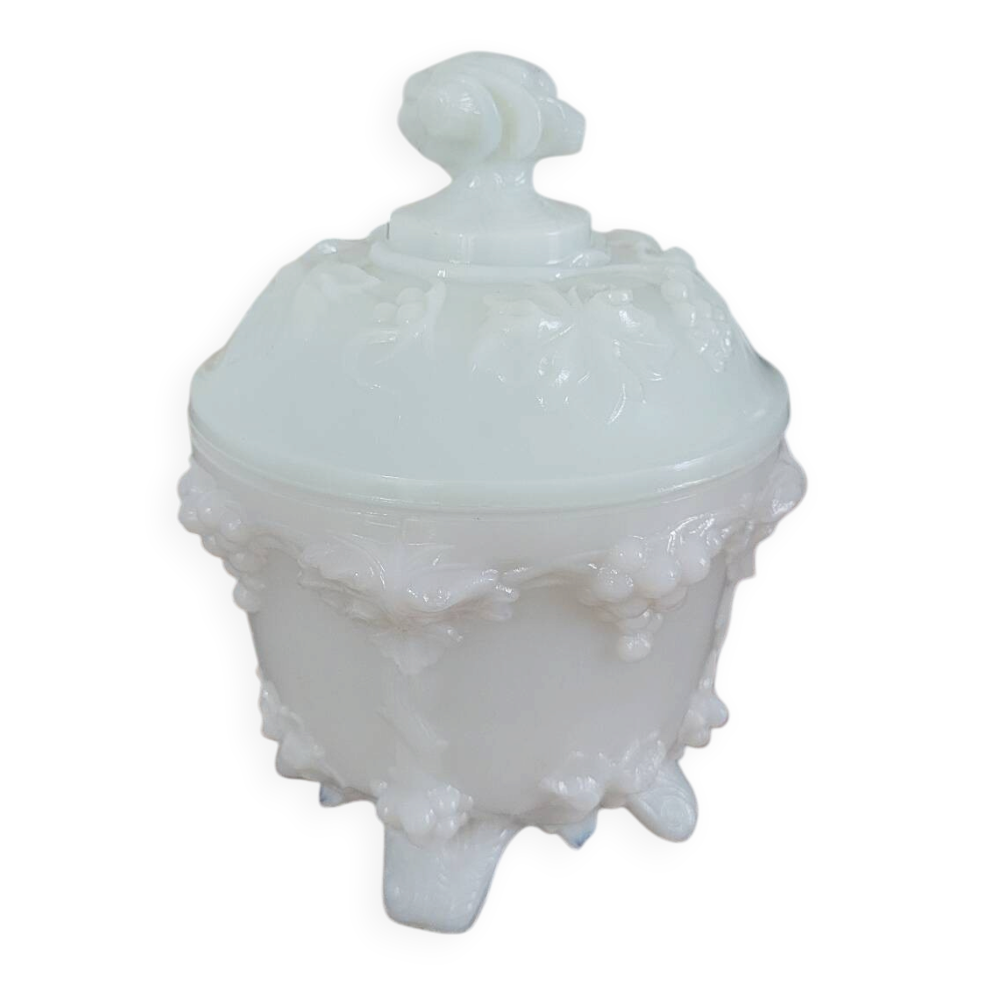 White opaline bonbonnière with floral decoration