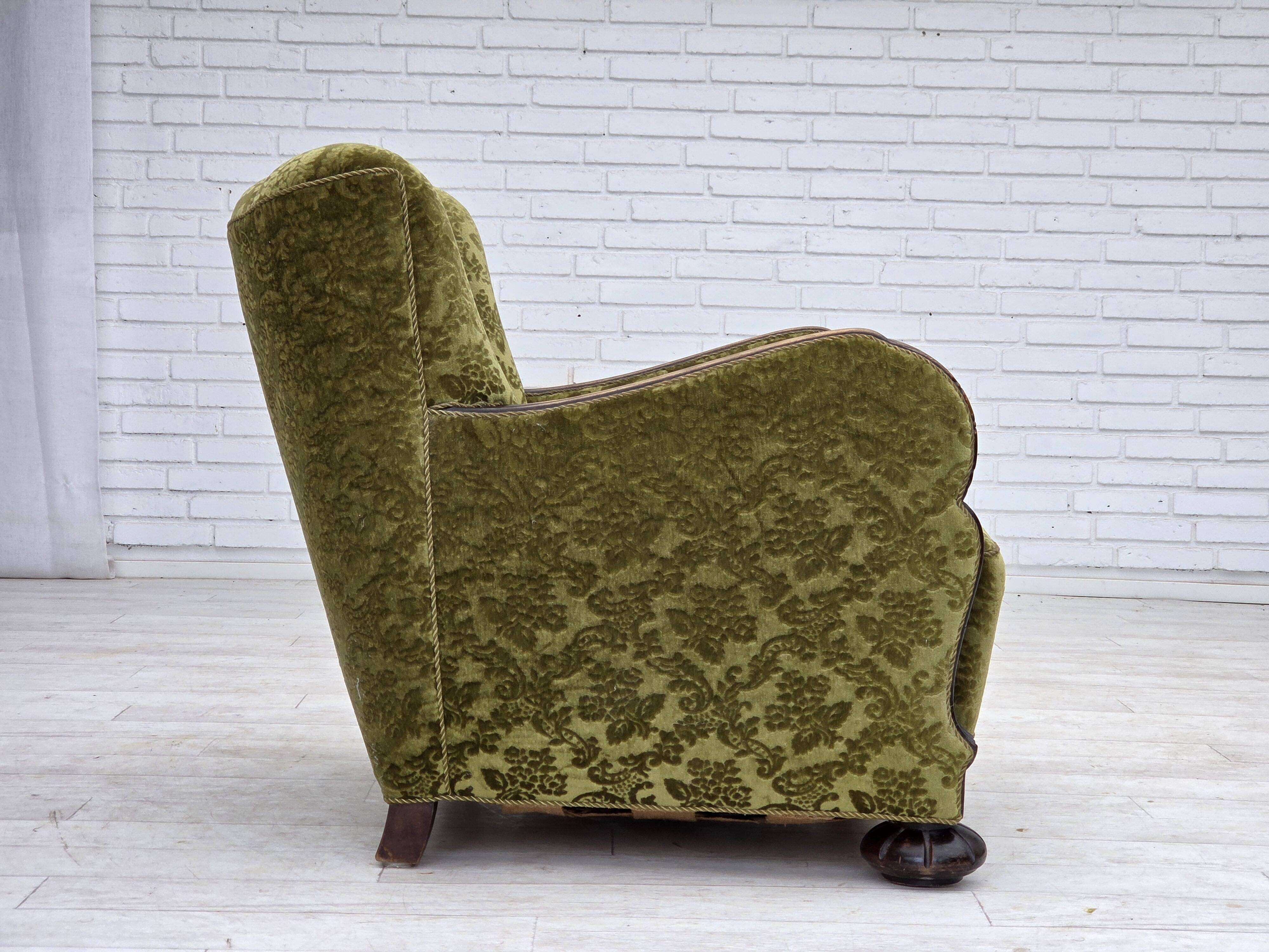 1950s, Danish relax chair, furniture velour, oak wood.