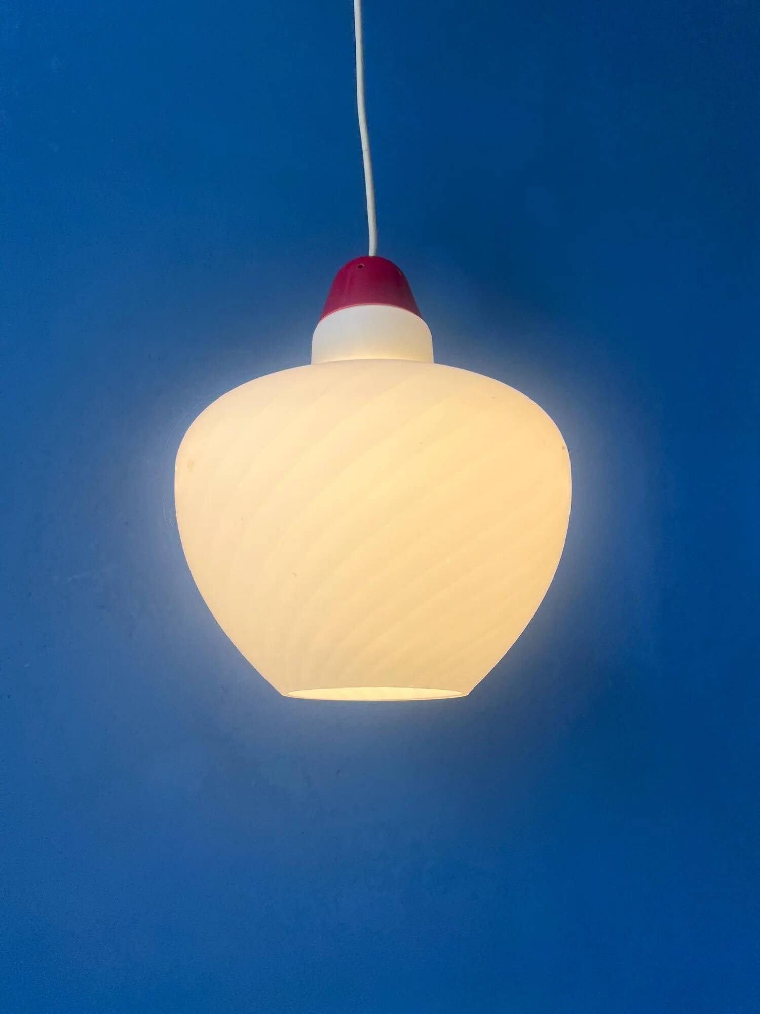 Vintage opal glass pendant light with red top and ceiling cover