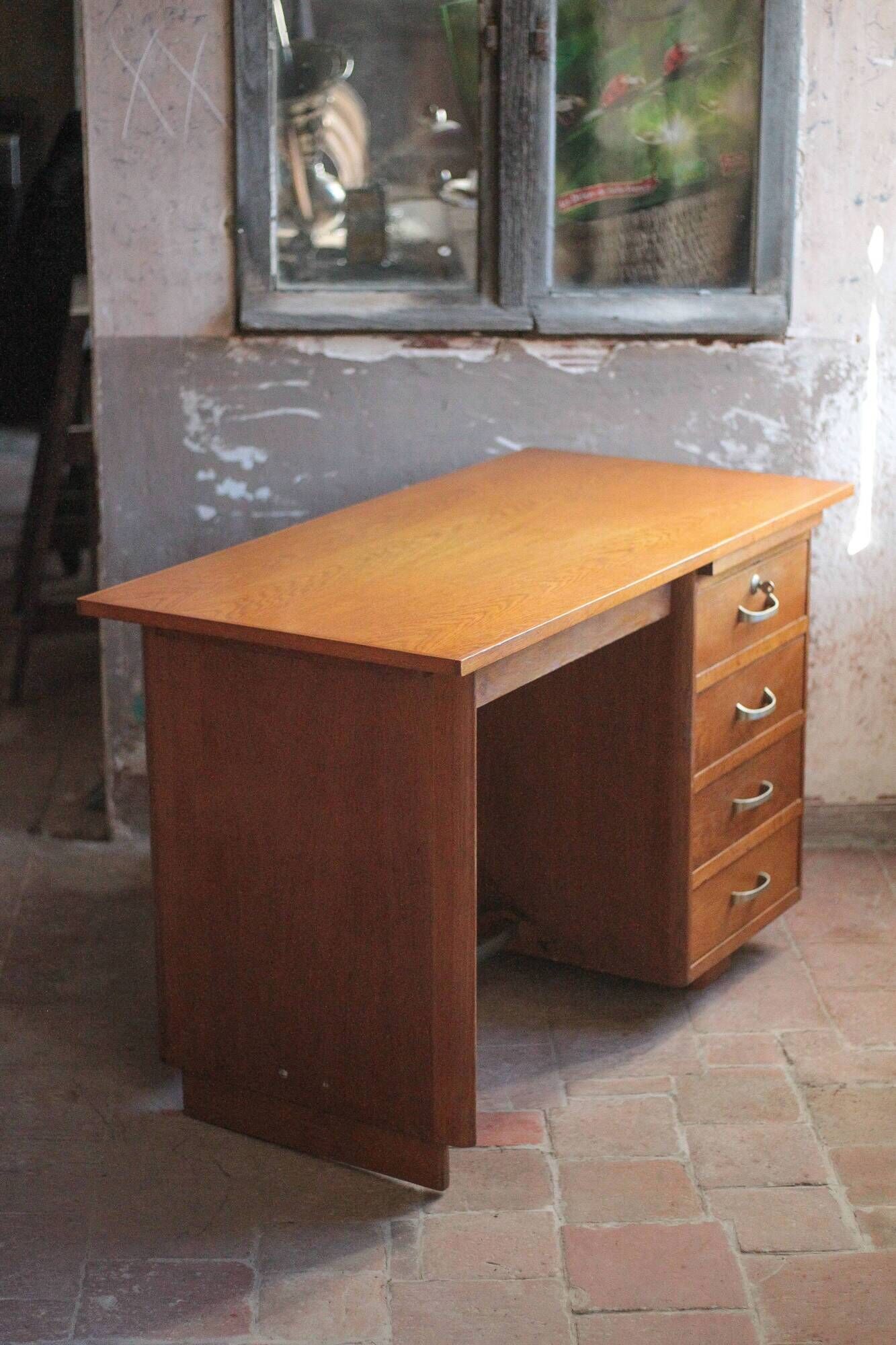 Vintage desk, children's wooden desk in art deco style, desk with drawers
