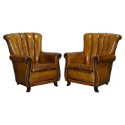Vintage Art Deco Style Leather Chairs Hand-Dyed, Set of 2
