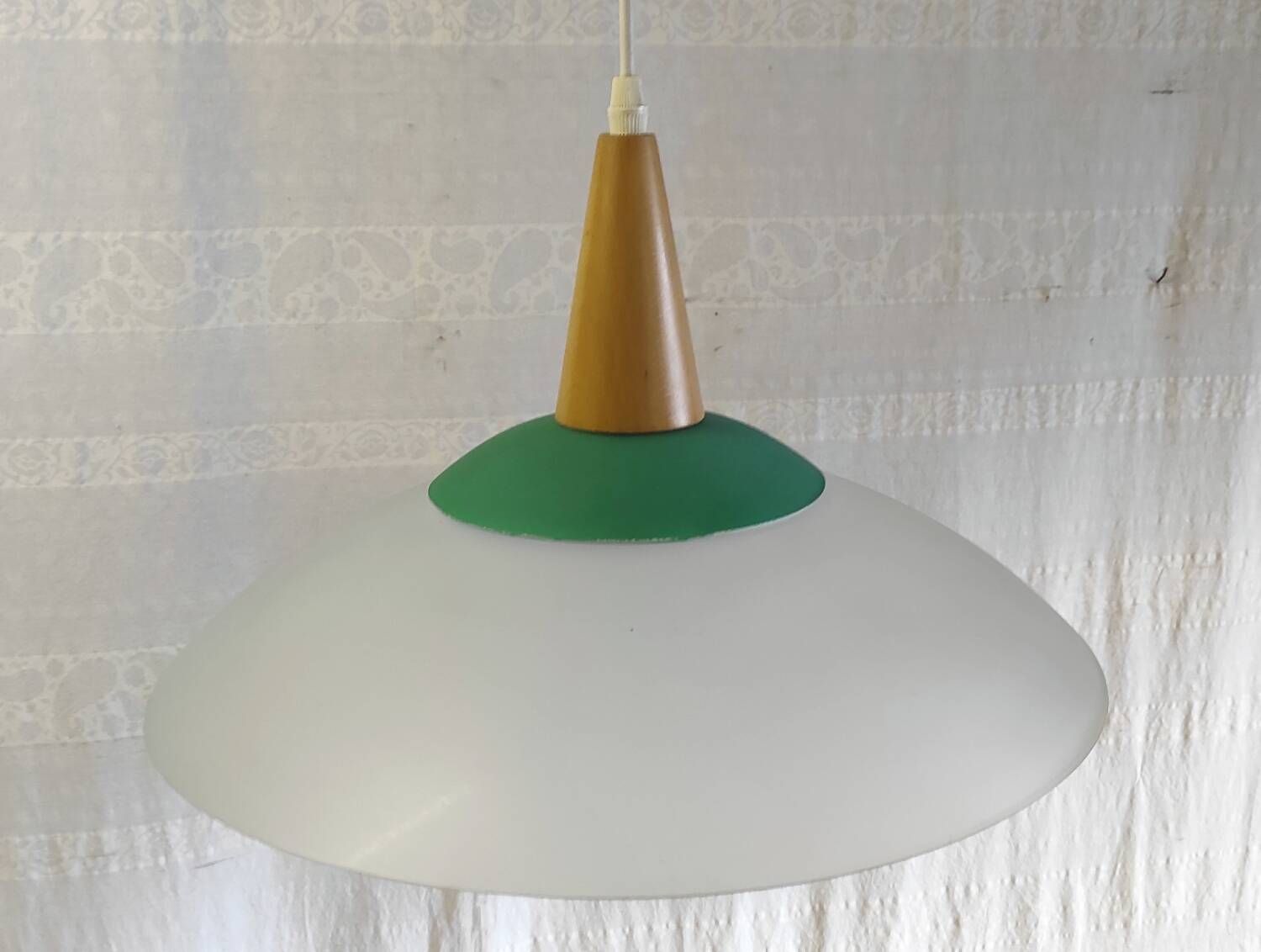 Scandinavian style pendant light in glass and wood - late 20th century