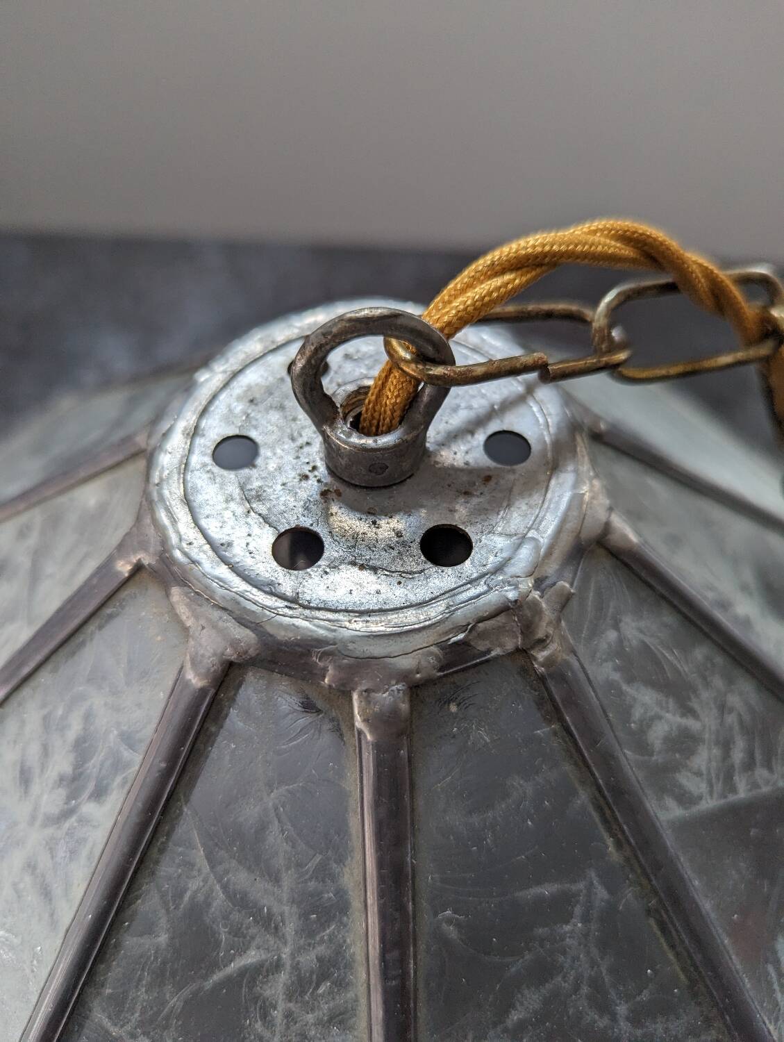 Old large Art Deco pendant lamp with mother-of-pearl and glass shade
