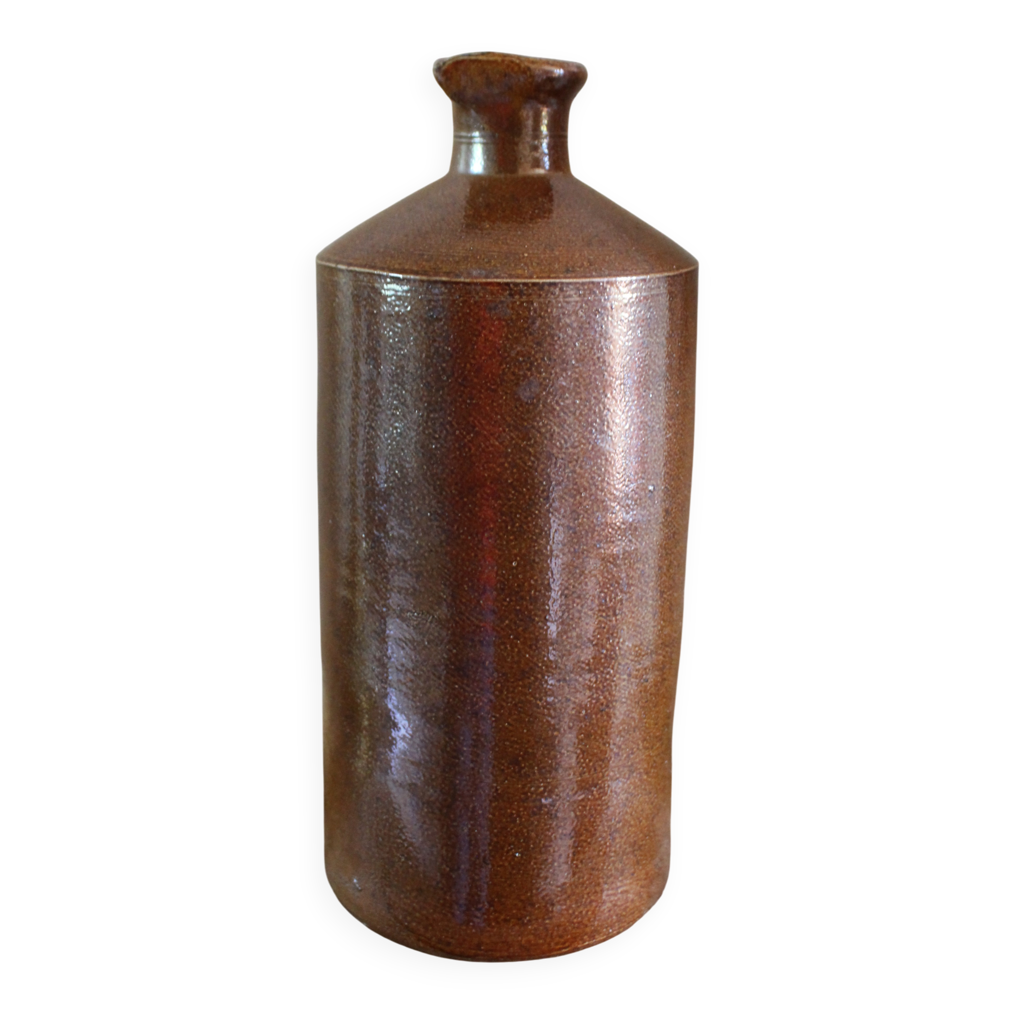 Vintage Bourne Deney stoneware liqueur bottle with pouring spout.