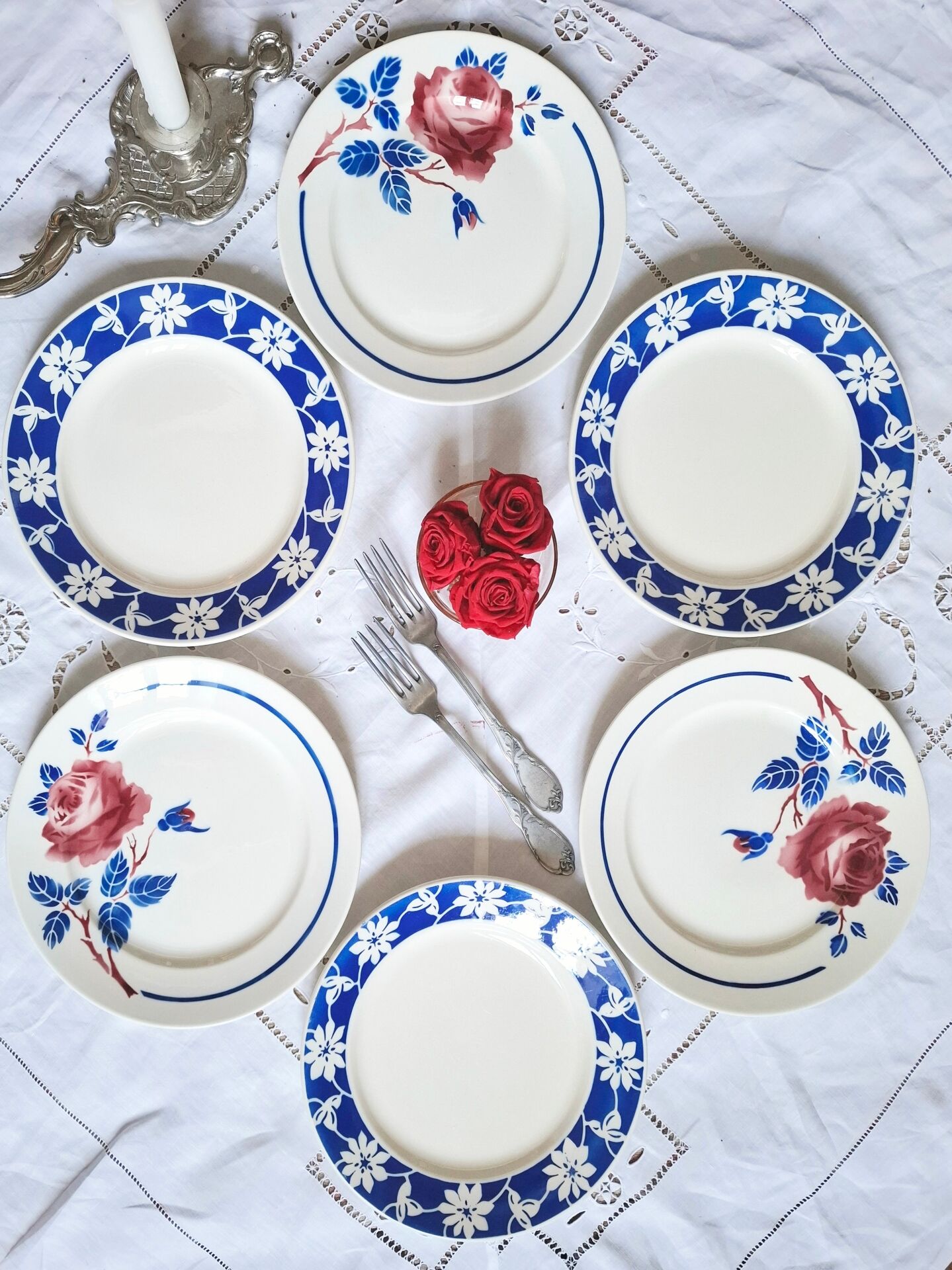 Old mismatched flat plates in earthenware