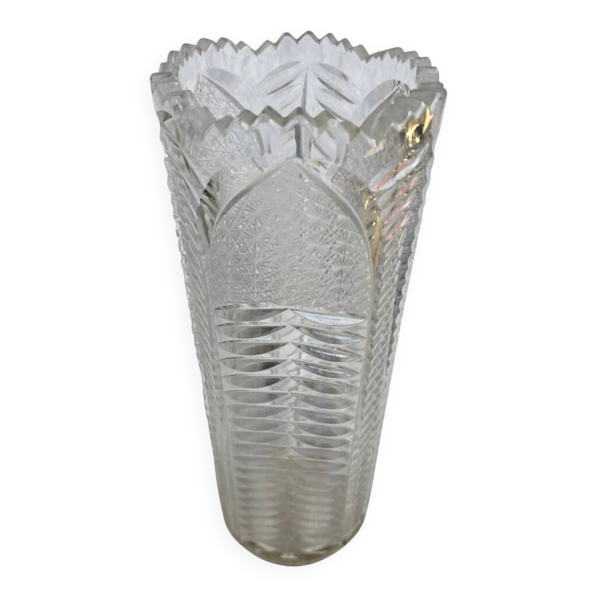 Antique cut crystal vase with a scalloped edge, decorated with palmettes.