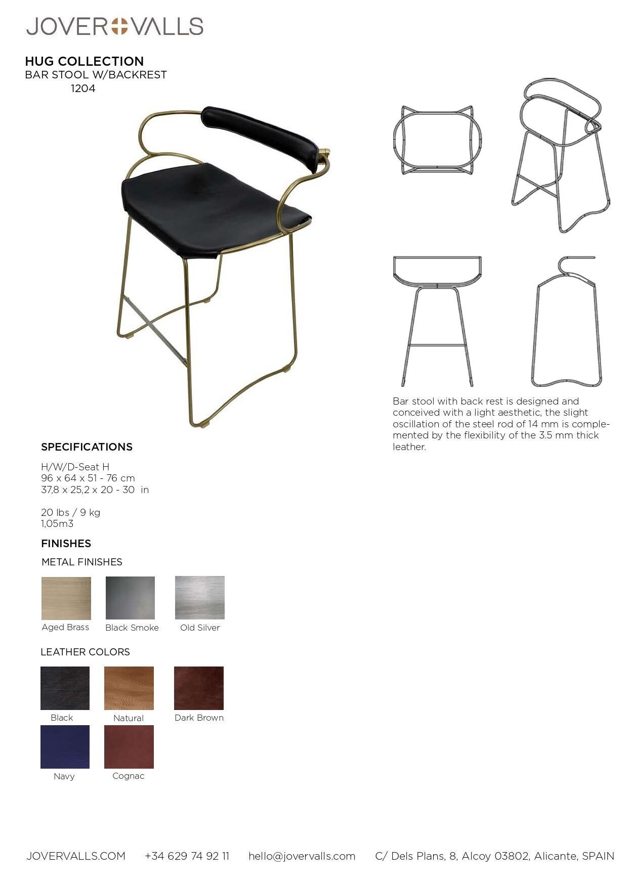 Bar stool with backrest, black smoked steel and dark brown saddle leather.