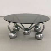 Table basse Sputnik en métal chromé et verre fumé