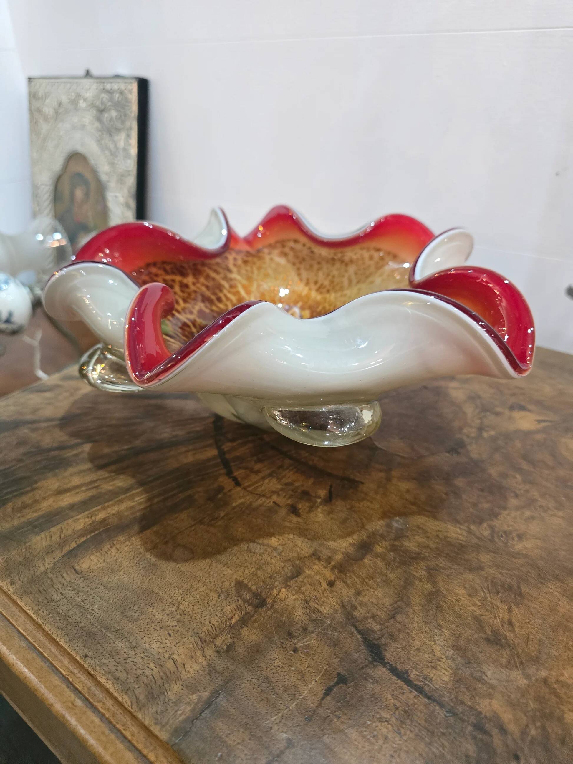 Murano glass bowl – Millefiori & red rim – 26 cm