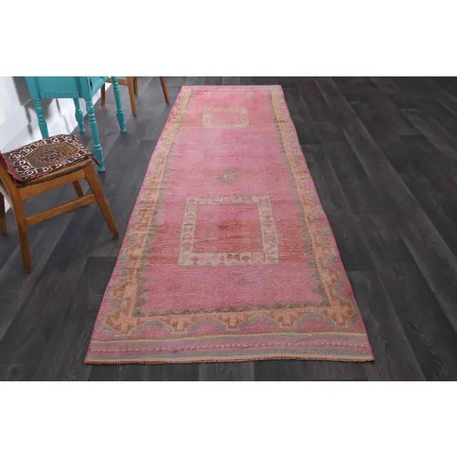 1970s vintage Turkish hand-knotted wool cotton pink runner rug 110x361