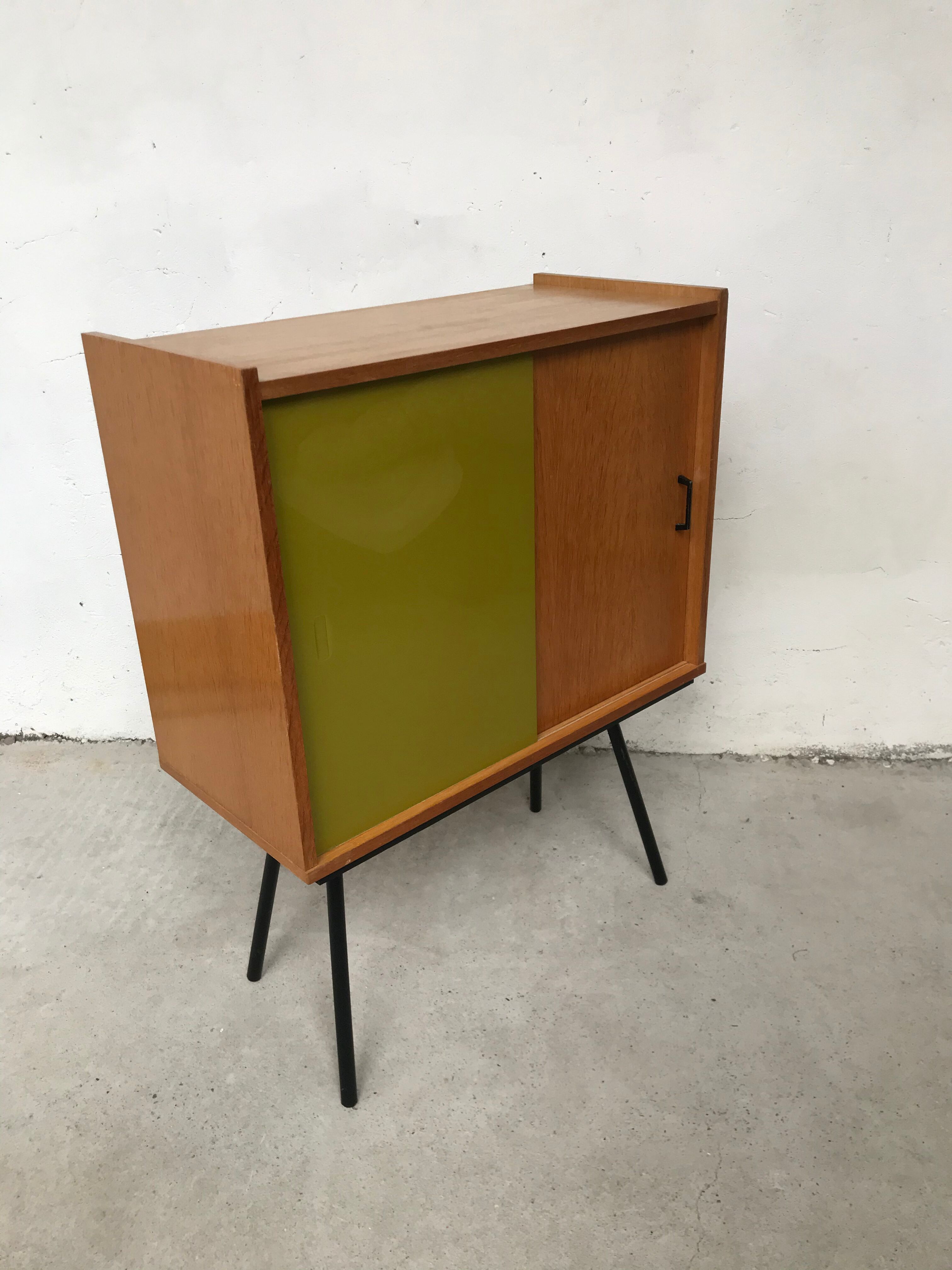 Showcase small storage cabinet vintage blond wood 60s