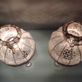 Pair of turned wooden bedside lamps and lace/vintage lampshade 60s-70s