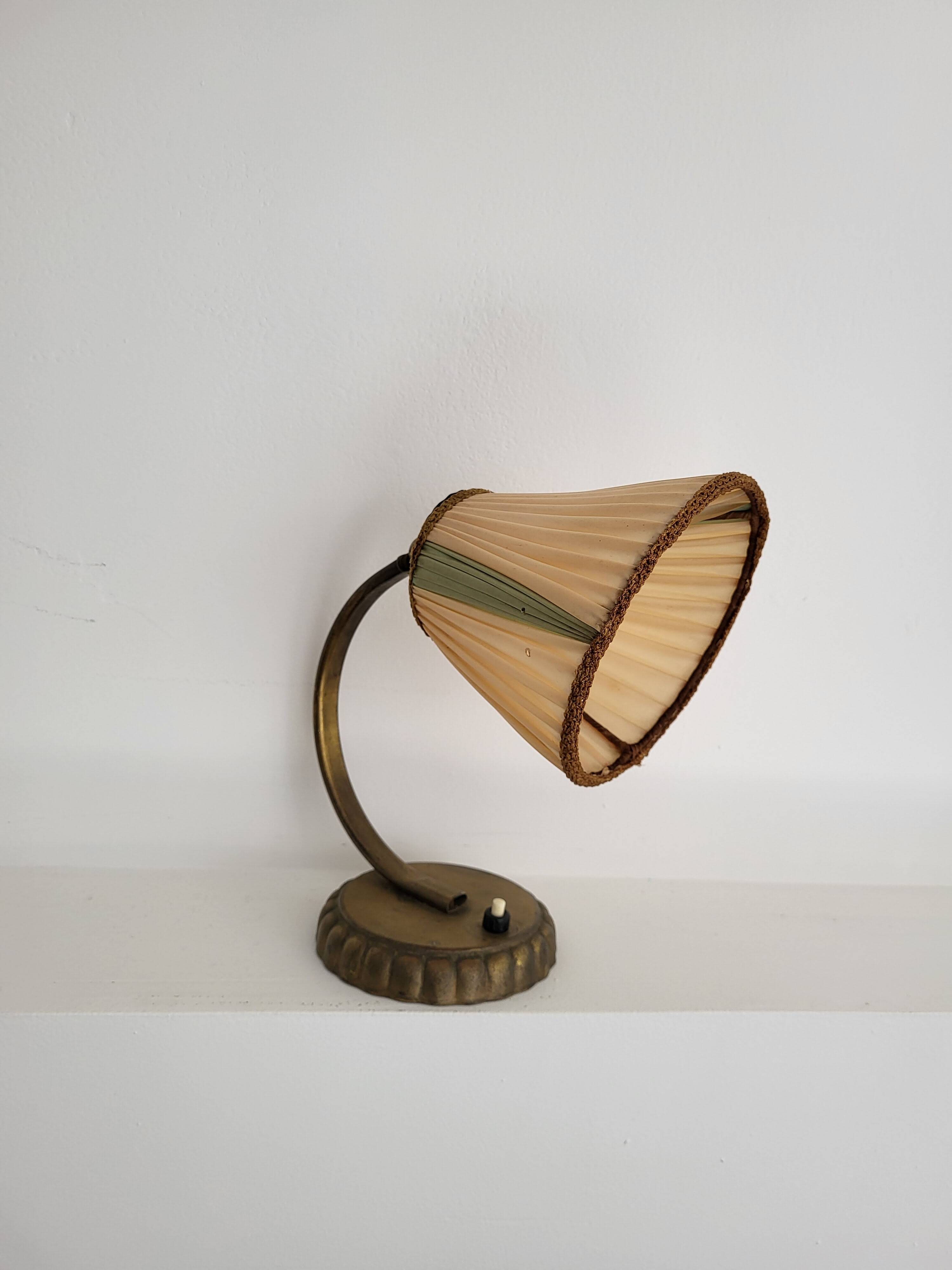 Vintage 1950s Brass Desk Lamp - Cream and Green Lampshade - Mid