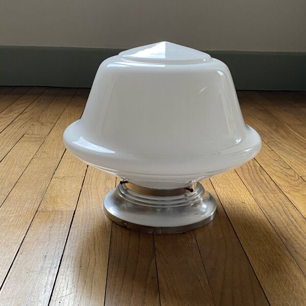 Grand plafonnier globe verre opaline blanc 30 cm base de fixation aluminium