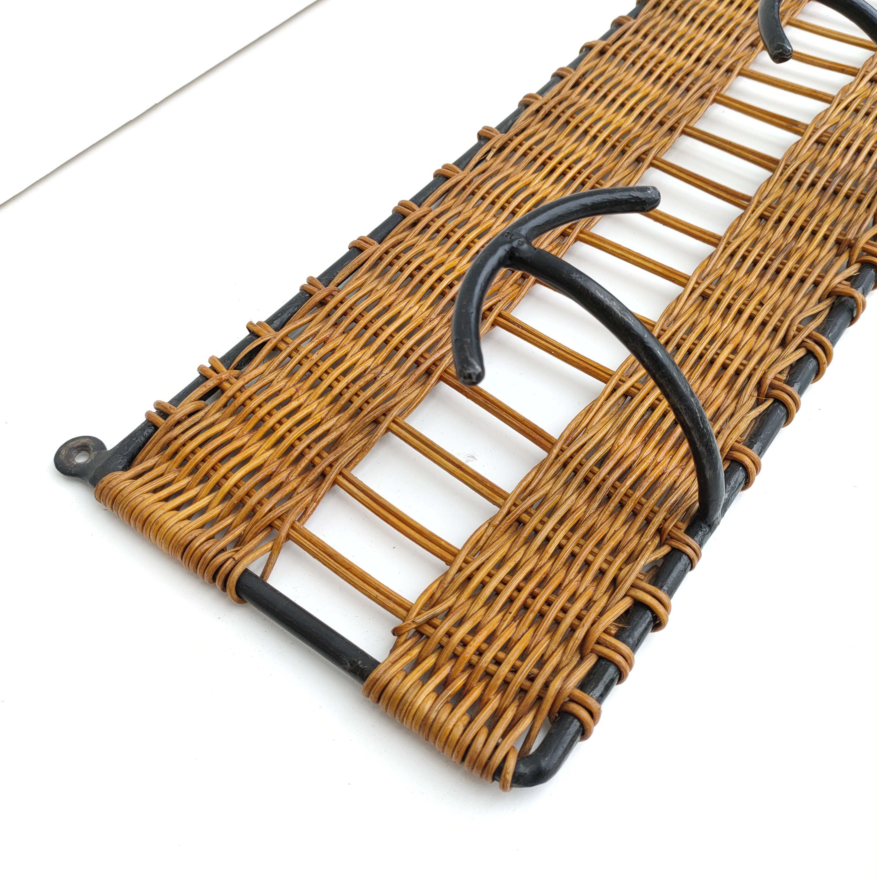 Wall-mounted coat rack with 3 patères in iron and rattan 60s