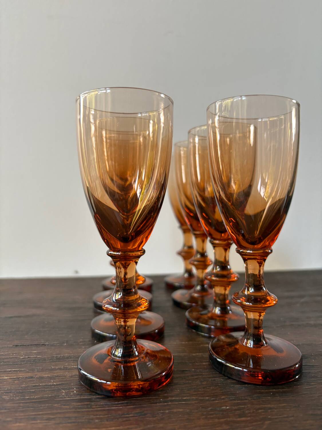 Set of 8 vintage amber portieux crystal glasses from the 70s