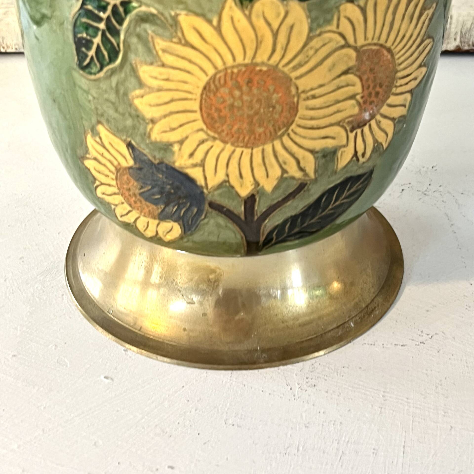 Vintage brass and green enamel cloisonné champagne cooler with sunflow
