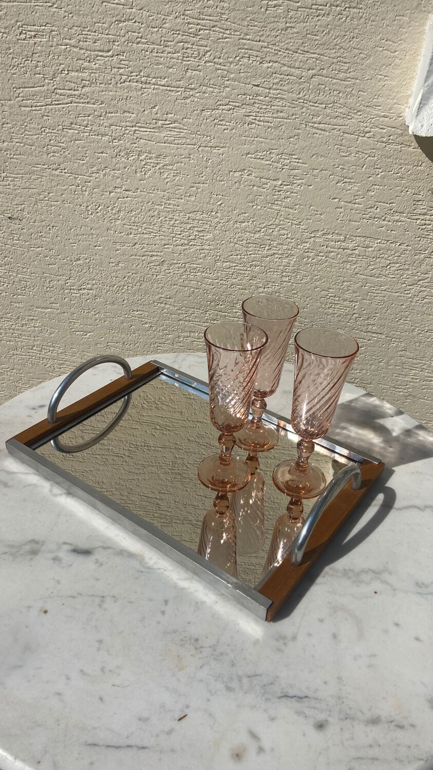 Chrome mirror tray and vintage wood 1940 / 50