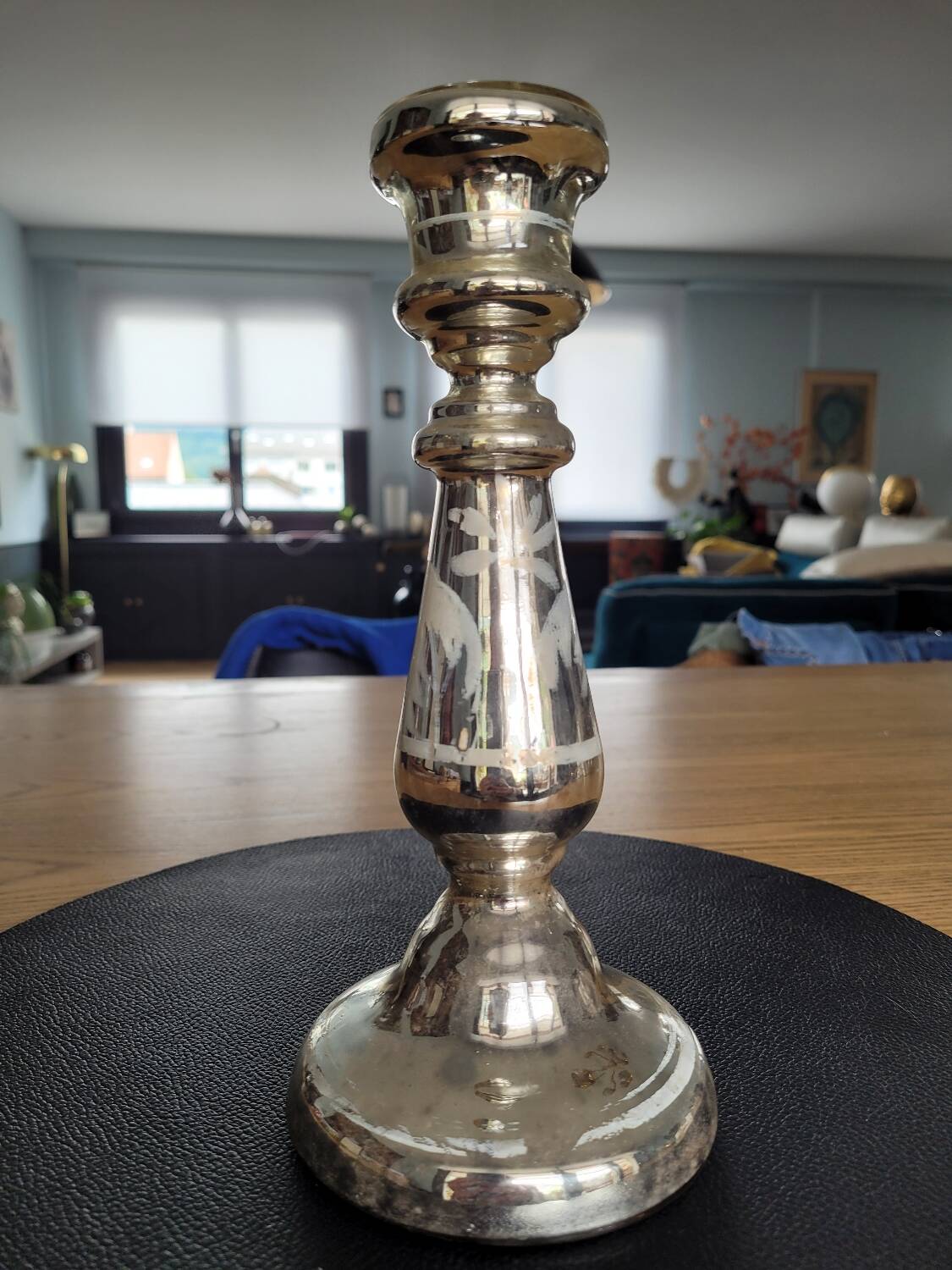 Eglomized mercurized glass candle holder