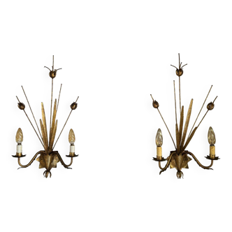 Pair of gilded metal sconces in the shape of an ear of wheat, mid-20th century