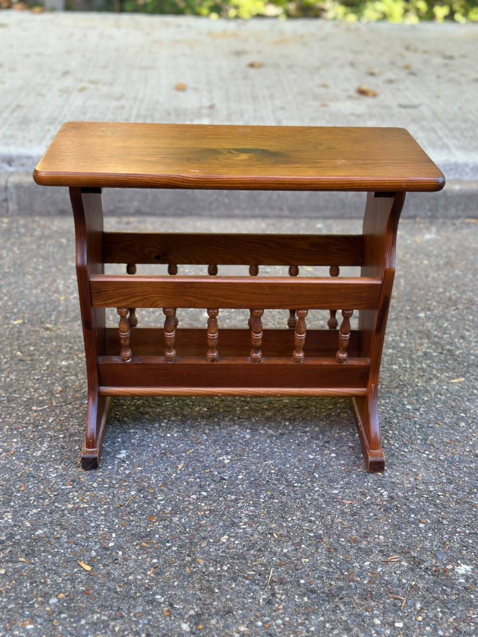 Vintage solid wood magazine rack side table — End table