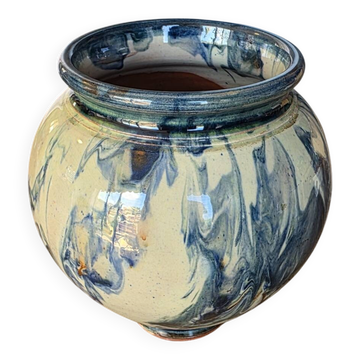 Vase boule en terre chamottée / mêlée émail jaspé bleu– Signé – H 13,5