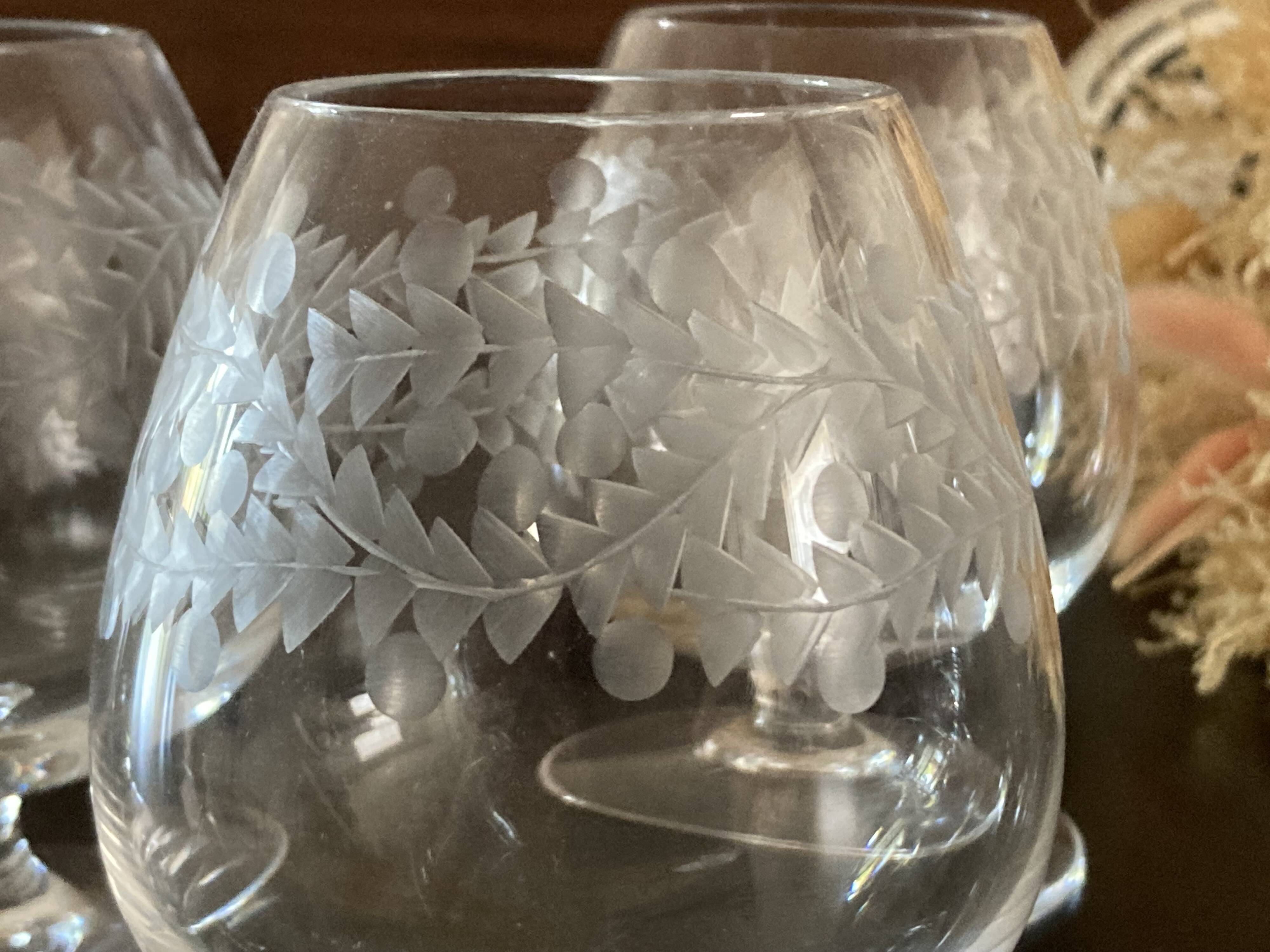 Set of 4 blown and cut crystal cognac glasses