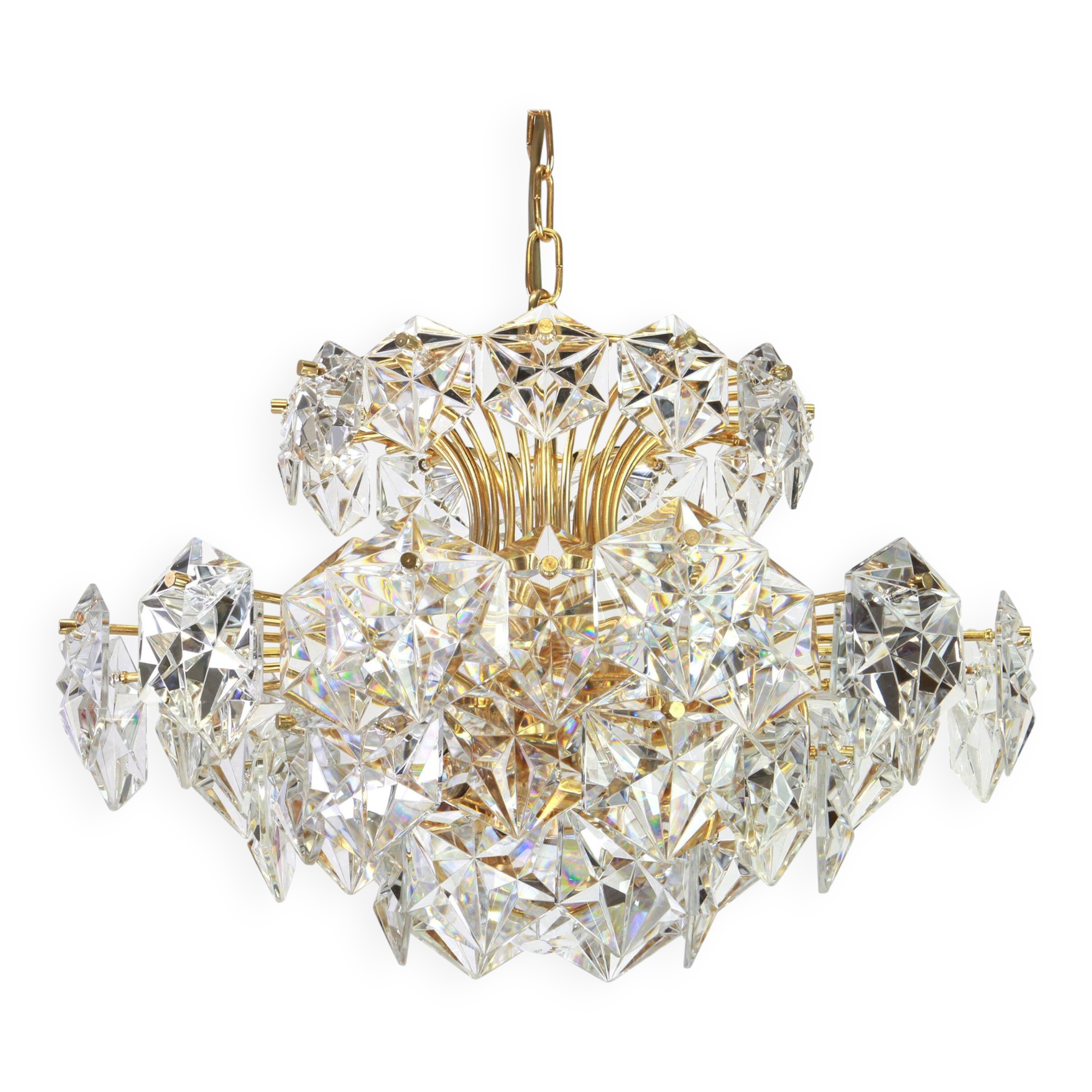 Chandelier in gilded brass and crystal glass by Kinkeldey, Germany, 1970s.