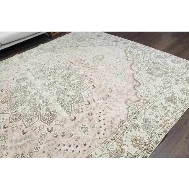 1970s Vintage Persian Handmade Wool Cotton Beige Area Rug 287x367
