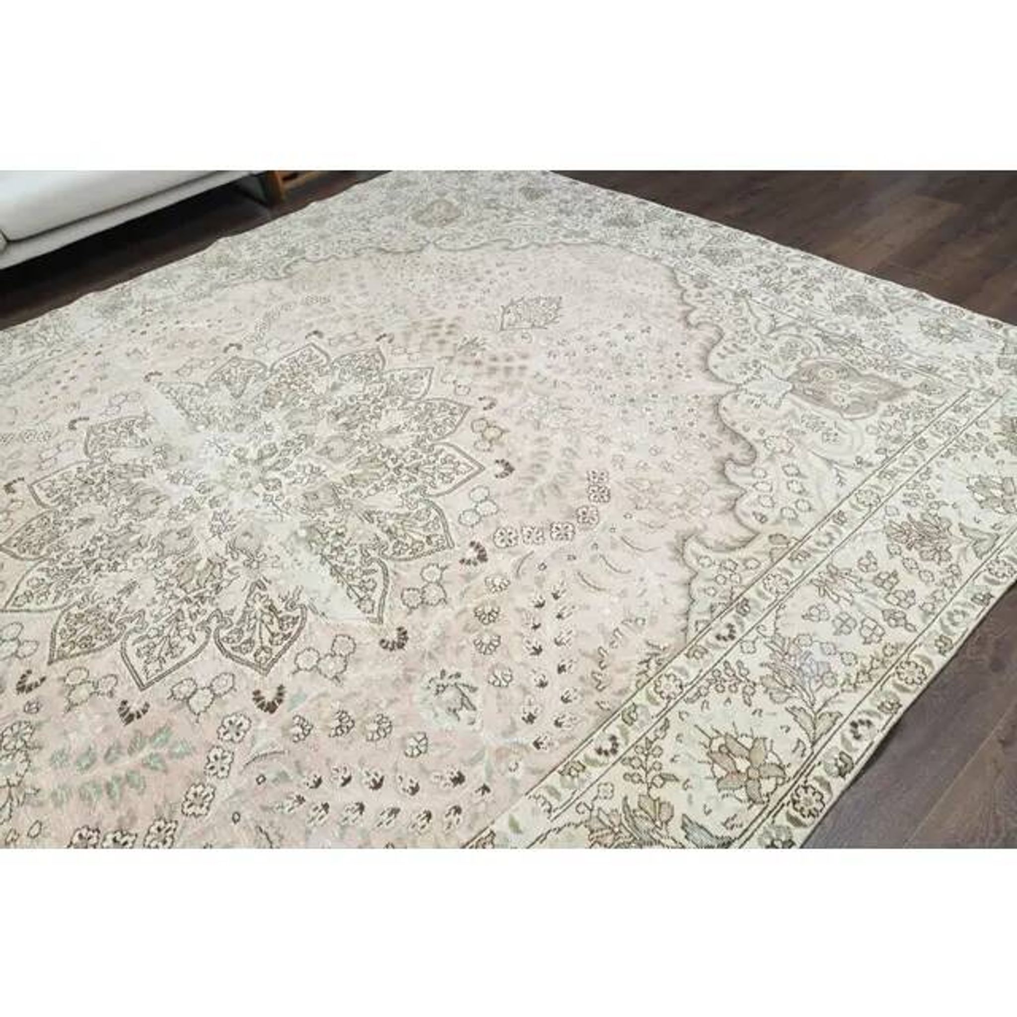 1970s Vintage Persian Handmade Wool Cotton Beige Area Rug 287x367