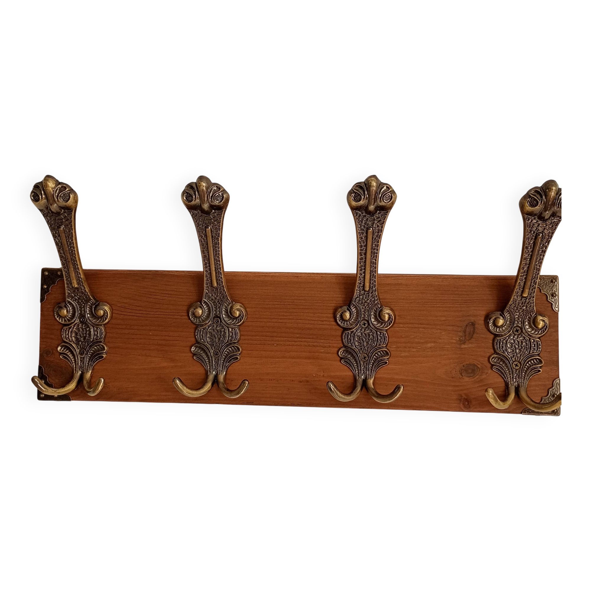 Vintage wall coat rack in patinated wood and metal – 4 double hooks