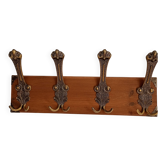 Vintage wall coat rack in patinated wood and metal – 4 double hooks