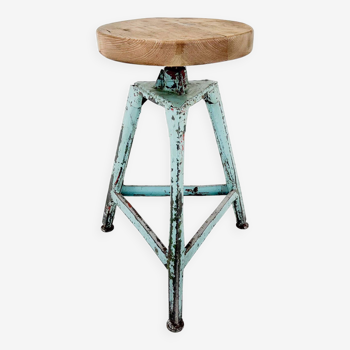 Vintage industrial steel & wood tripod stool, 1950's