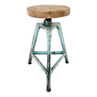 Tabouret trépied industriel vintage en acier et bois, 1950