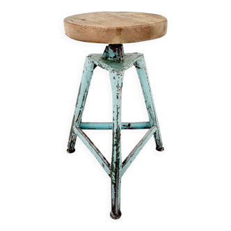 Vintage industrial steel & wood tripod stool, 1950's