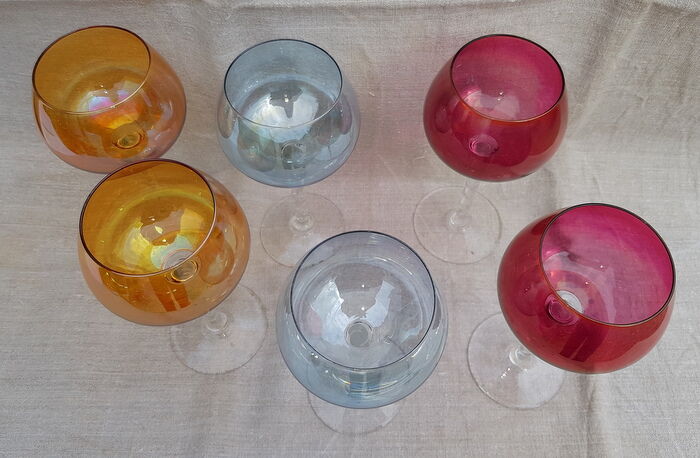 Lot De 6 Petits Verres Ballons Irisés - Pied Torsadé - Verres à Cognac Vintage