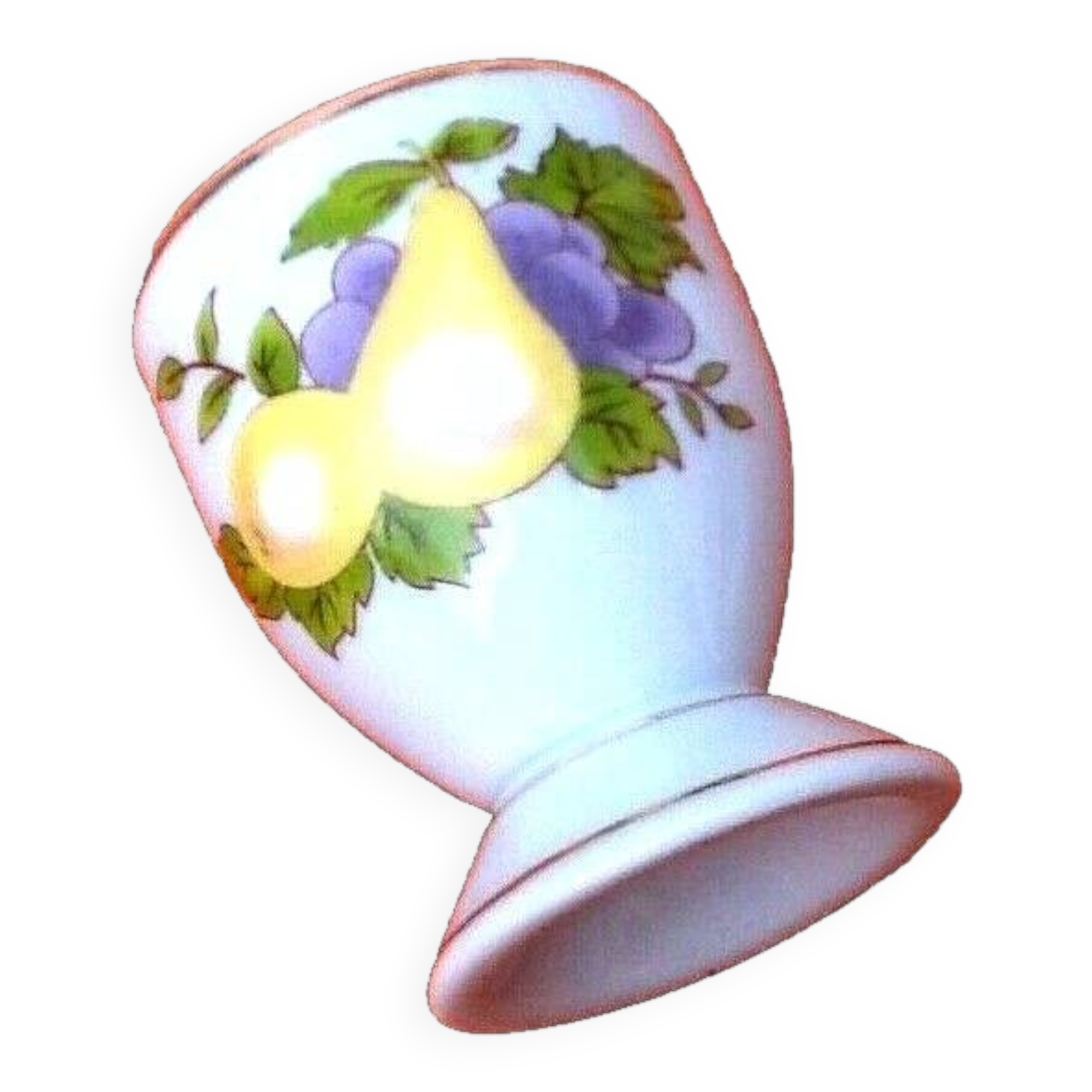 White porcelain egg cup decorated with pears / grapes.