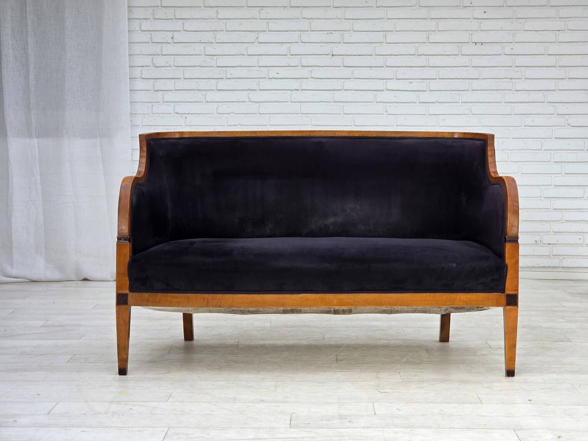 1950s, Danish art deco 2-seater sofa, ash wood, furniture velour.