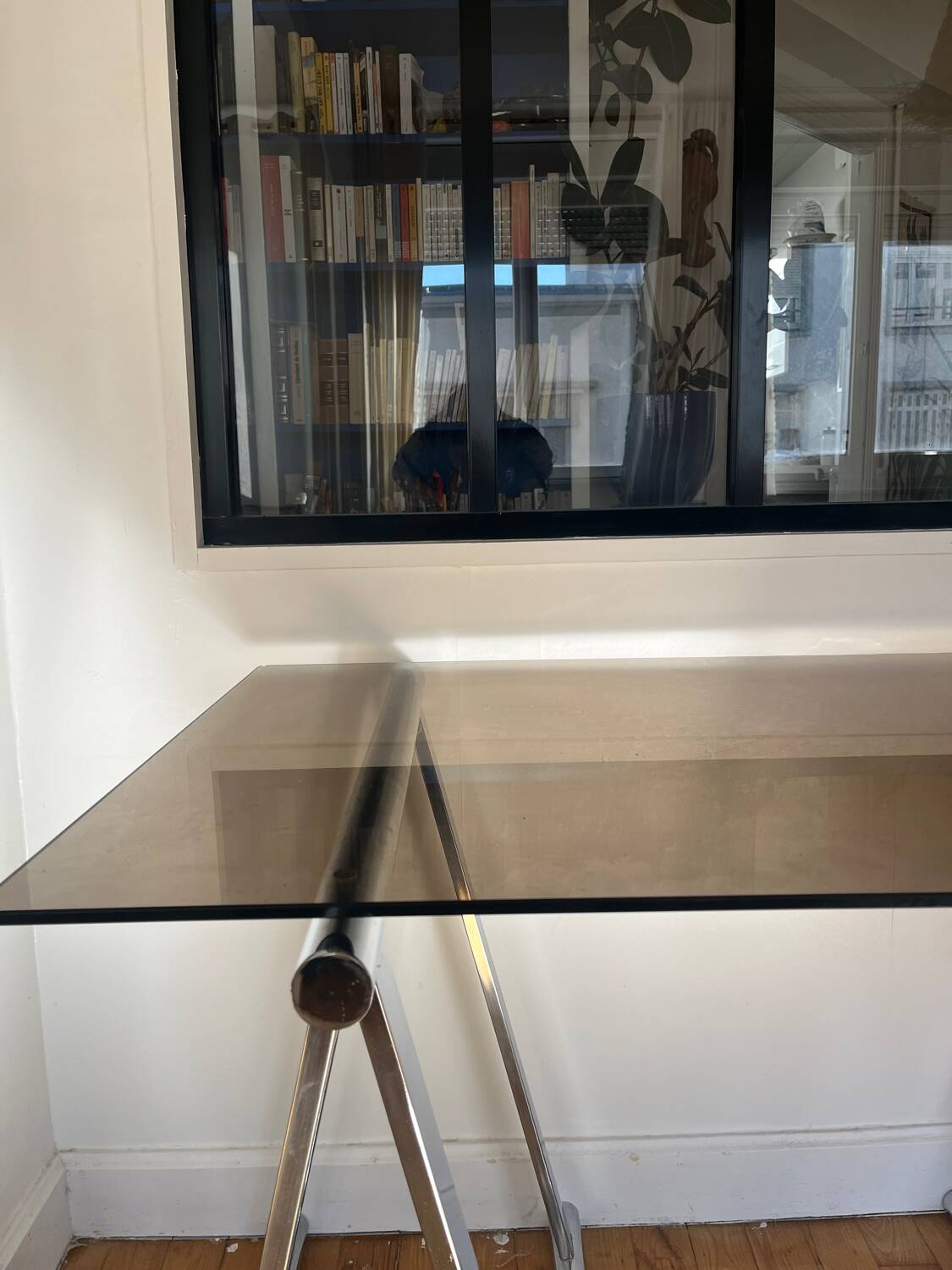 Smoked glass and chrome metal desk by Milo Baughman for Rochebobois