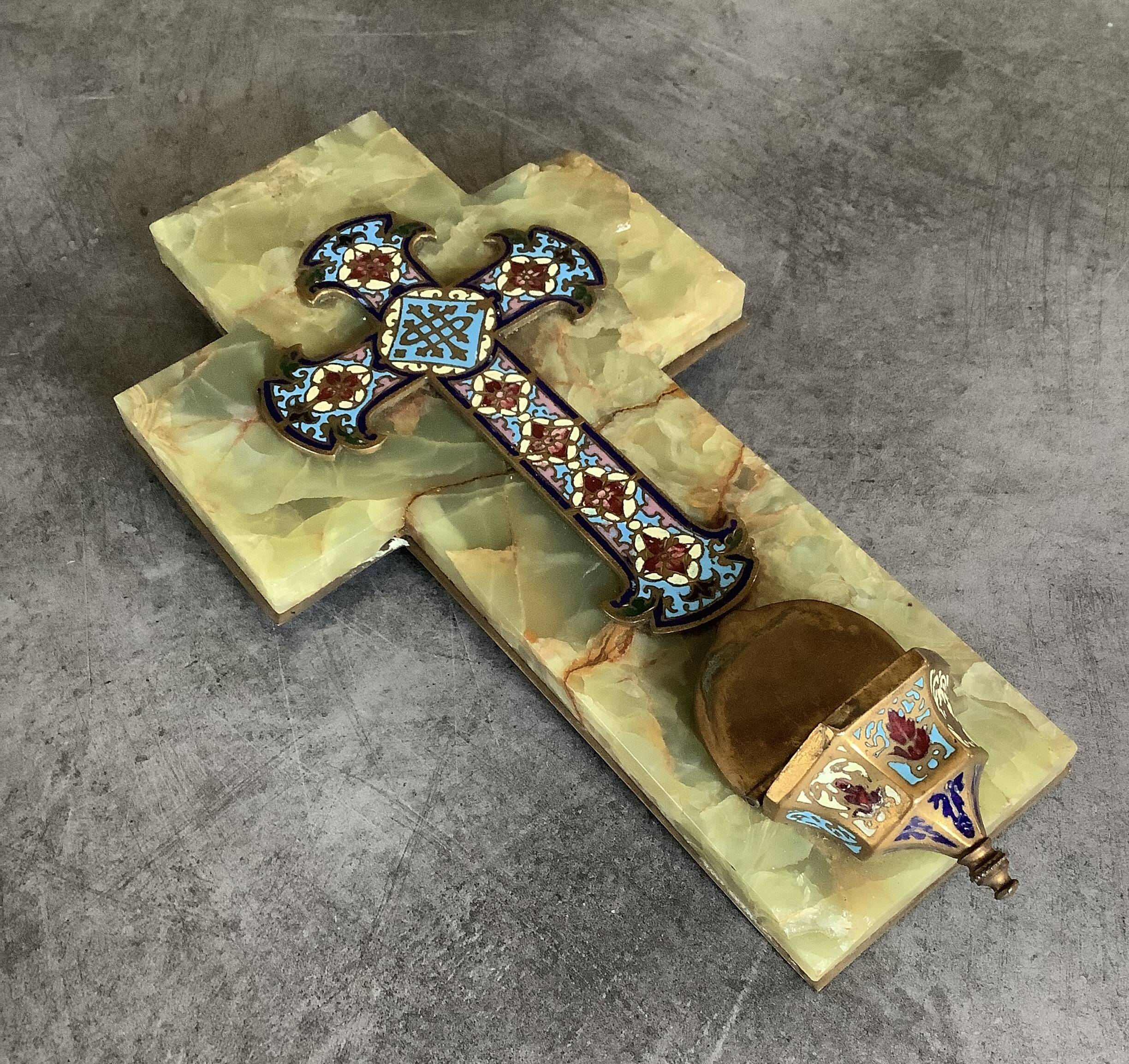Wall cross with a holy water font in enamel and onyx, 19th century.