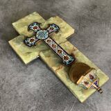 Wall cross with a holy water font in enamel and onyx, 19th century.