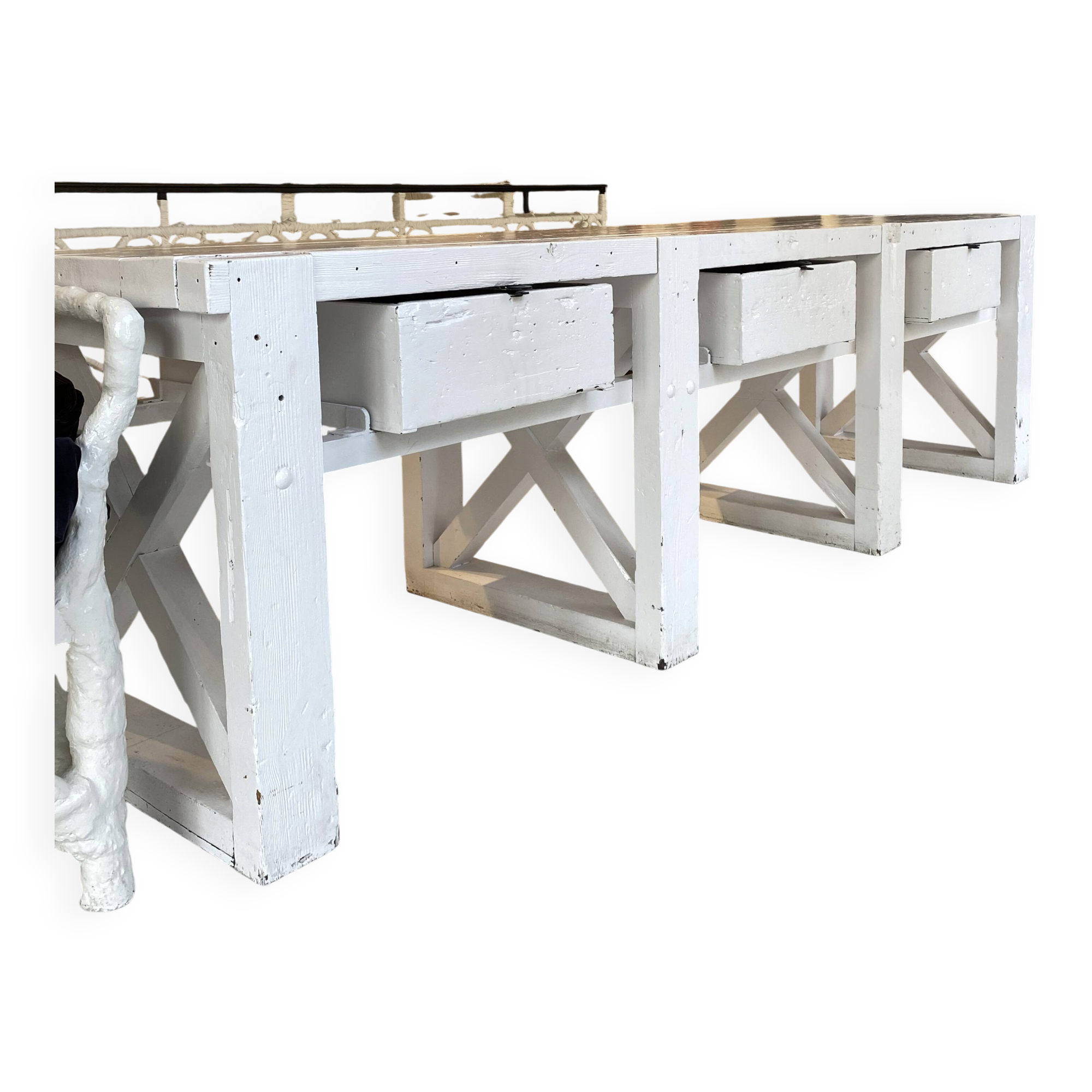 Table de travail - établi ancien en bois peint