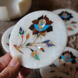 Set of 5 marble and inlaid stone coasters - Artisanal
