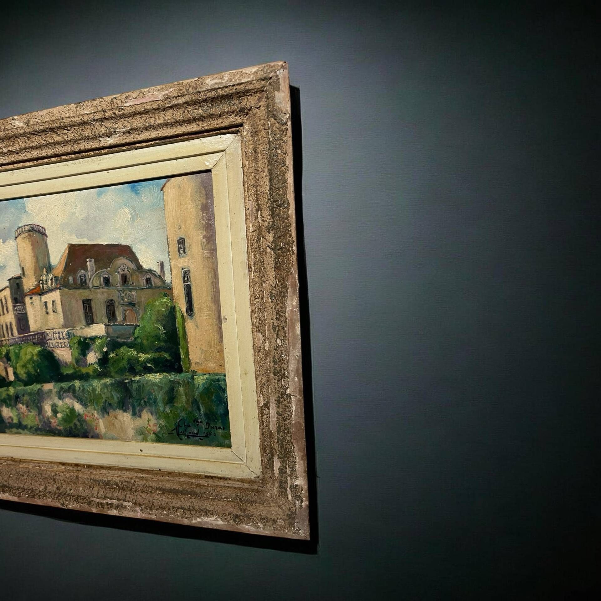 Old French painting signed and dated 1952 – Castle and garden – Oil